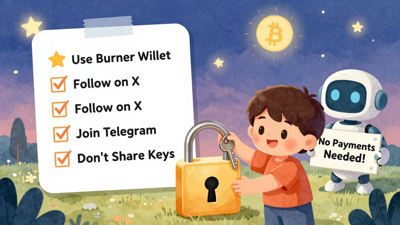 A child checking off a safety checklist for a crypto airdrop with a friendly robot nearby.