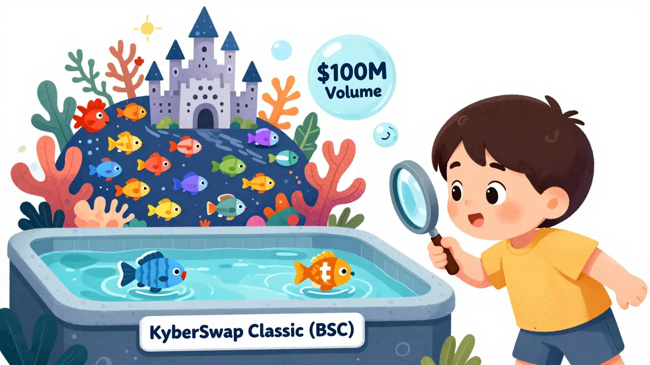 A child looks into a tiny empty pool with only two fish while a vibrant reef of many fish swims nearby.