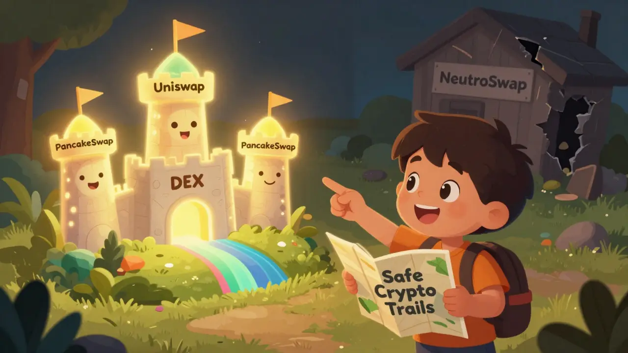 A child pointing to safe crypto castles while a dark shack fades into mist behind them.