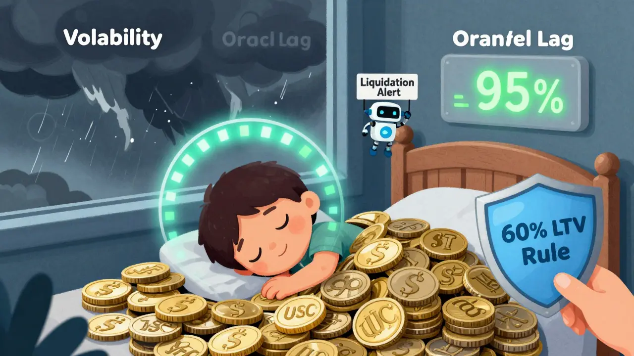 A child sleeping safely on USDC coins, with a calm health meter and stormy liquidation clouds outside.