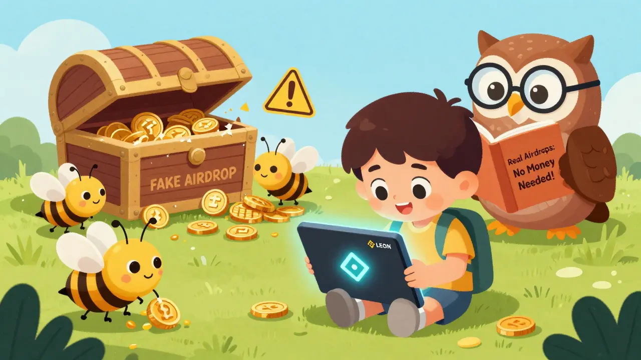 A child stakes LEON tokens with a glowing wallet while robot bees collect rewards, guided by a wise owl with a book on real airdrops.