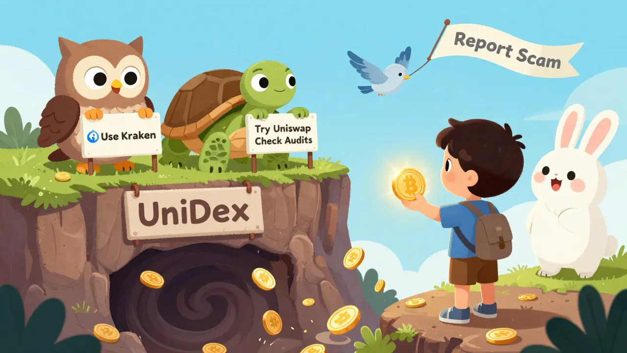 A child stands at a cliff above a pit of disappearing coins, guided by animal friends toward safe crypto options.