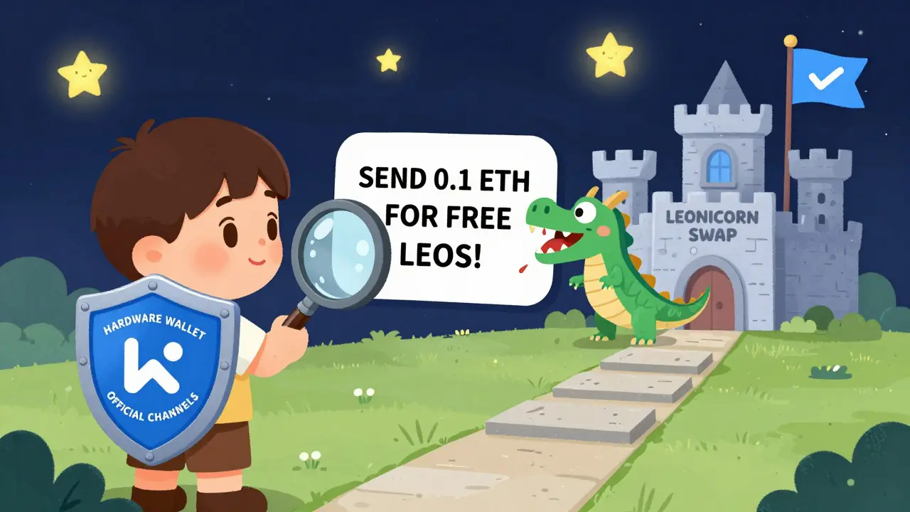 A child uses a shield of safety tips to block a scam message being eaten by a dragon, leading to a castle marked with a blue checkmark.
