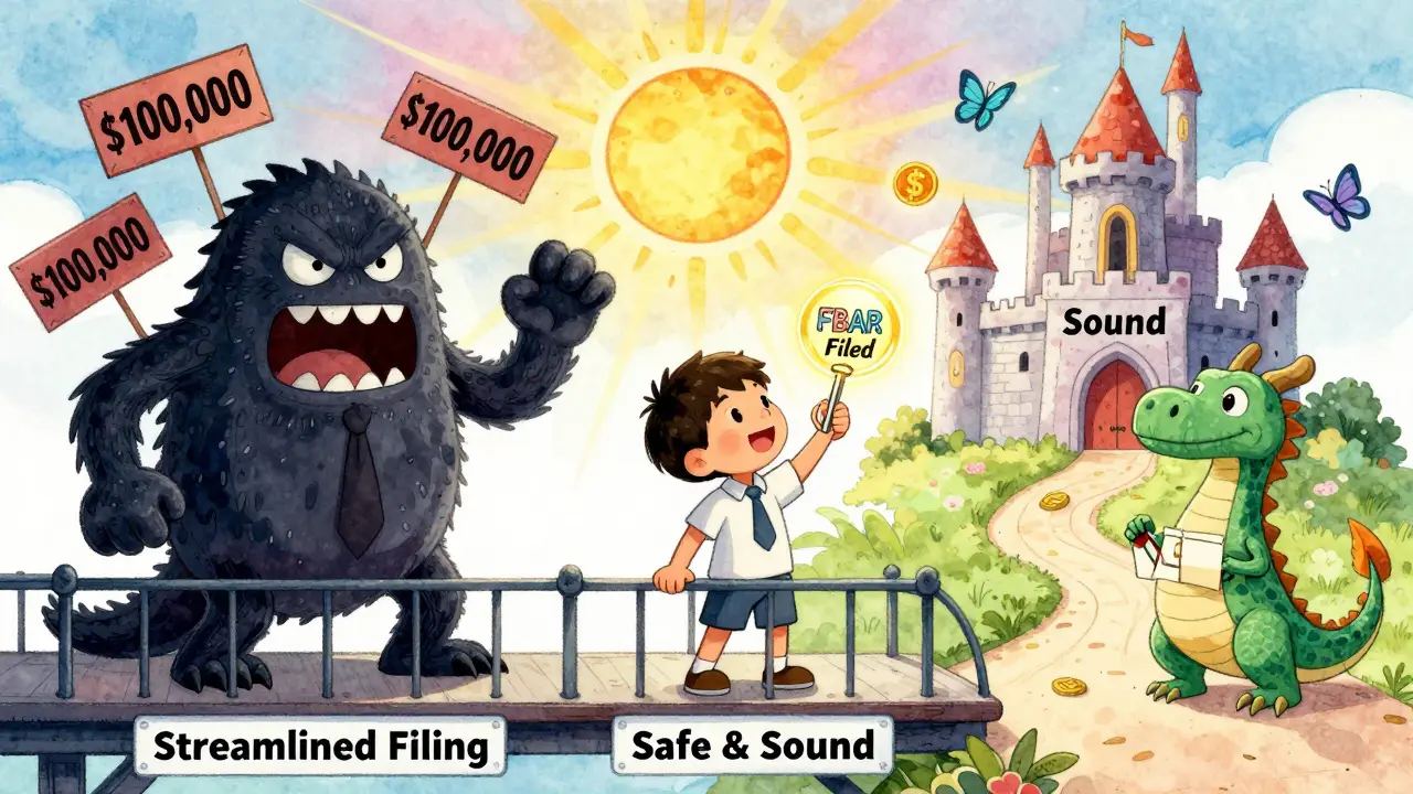 A child walks across a bridge from penalty danger to a safe castle, holding a key labeled 'FBAR Filed' with a friendly dragon.