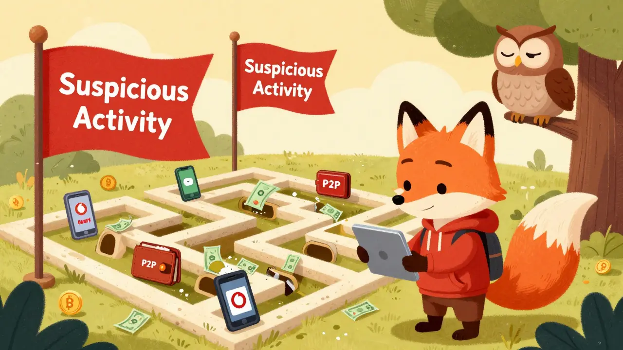 A clever fox sends money through hidden tunnels to avoid bank flags in a whimsical P2P maze.