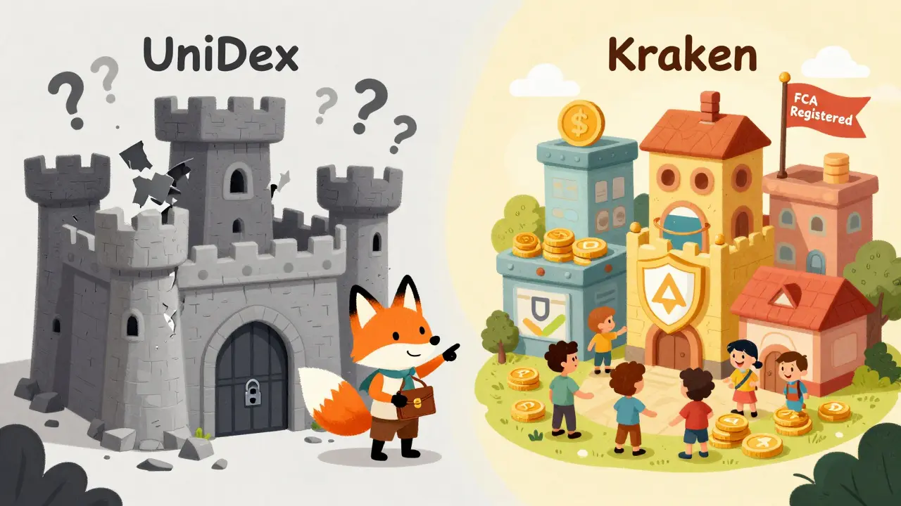 A crumbling ghost castle labeled UniDex contrasts with a lively, regulated exchange town in a children's illustration.