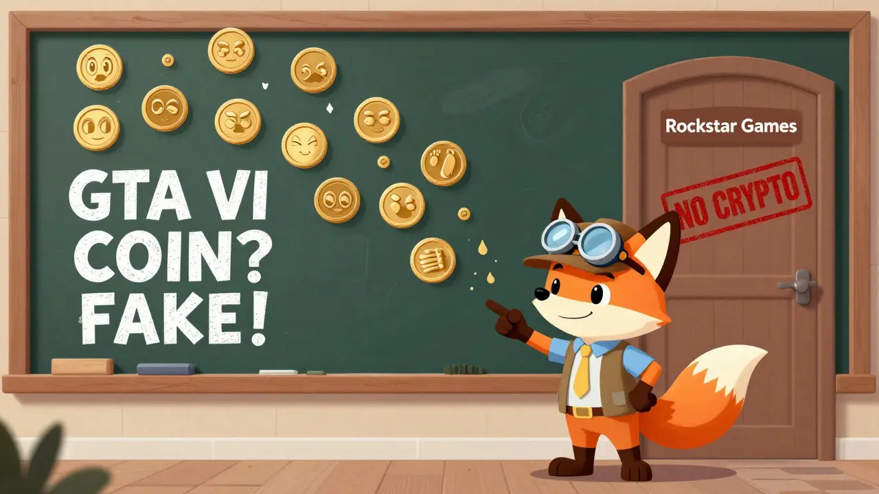 A detective fox exposes fake GTA6 coins with a chalkboard warning, as Rockstar's door stays locked.