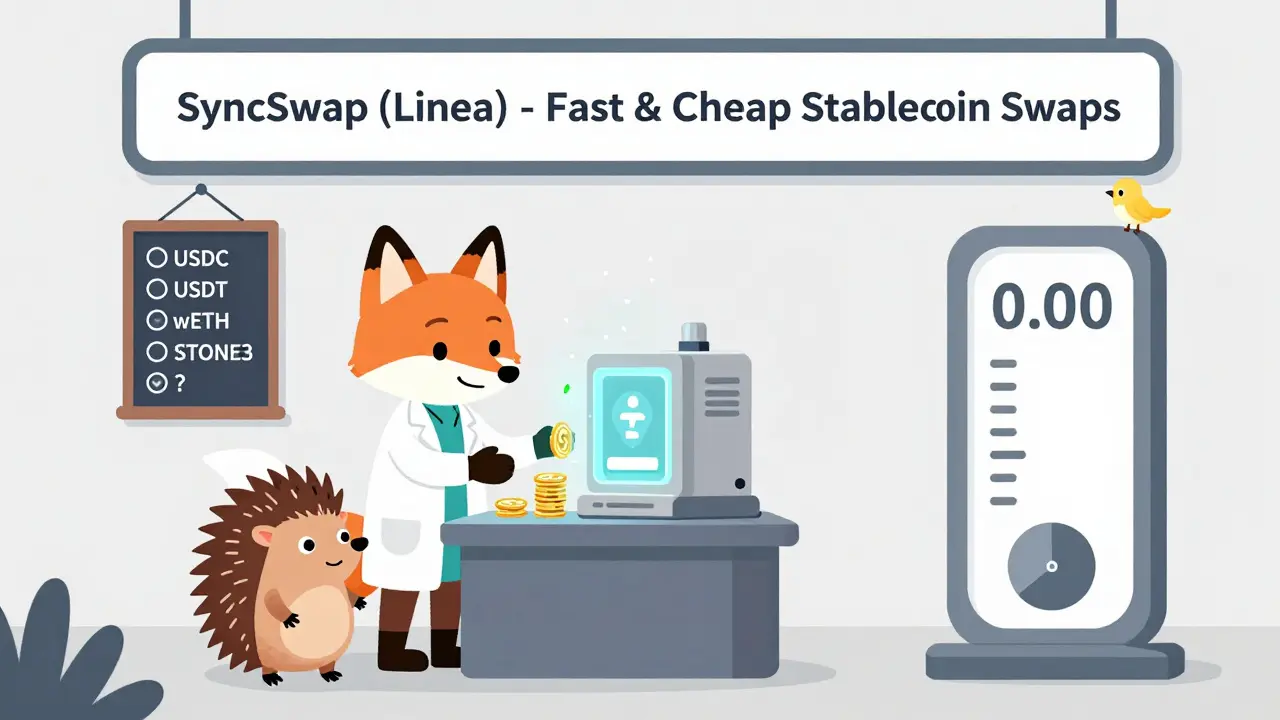 A friendly fox helps a hedgehog swap crypto coins in a cozy shop with only five tokens listed on the wall.