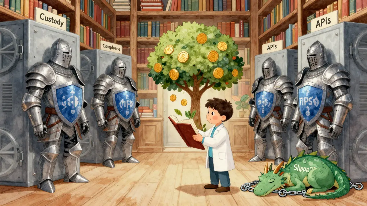 A magical library guarded by vault-armored knights, with a child opening a book that grows USDC fruit, while a chained slippage dragon sleeps.