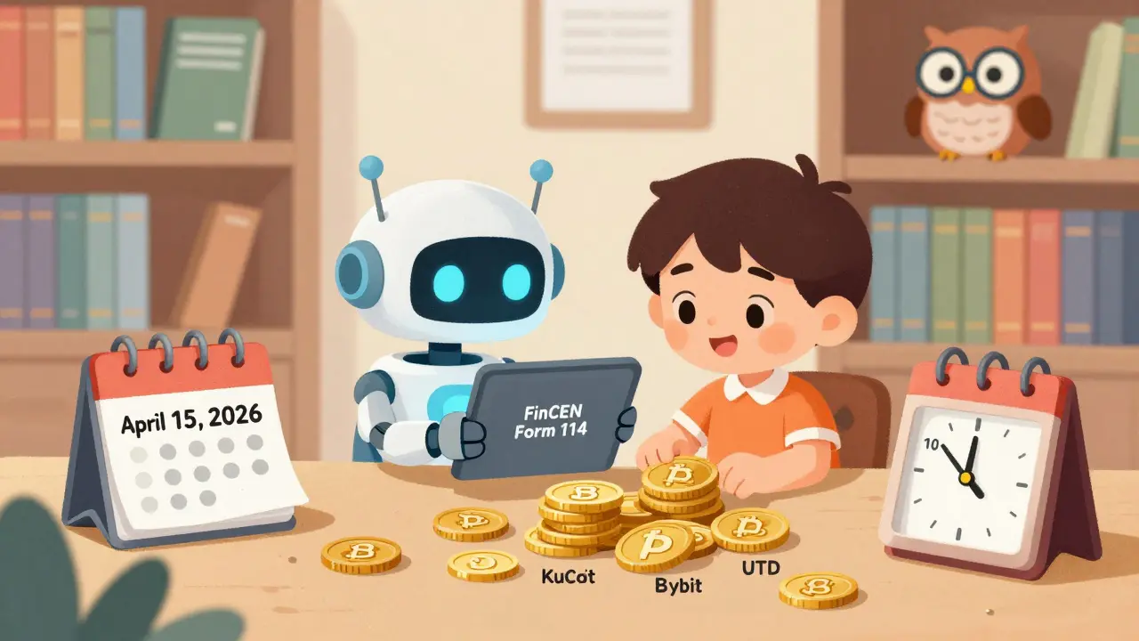 A robot helps a child organize crypto and fiat coins on a desk with a FinCEN form and calendar showing April 2026.