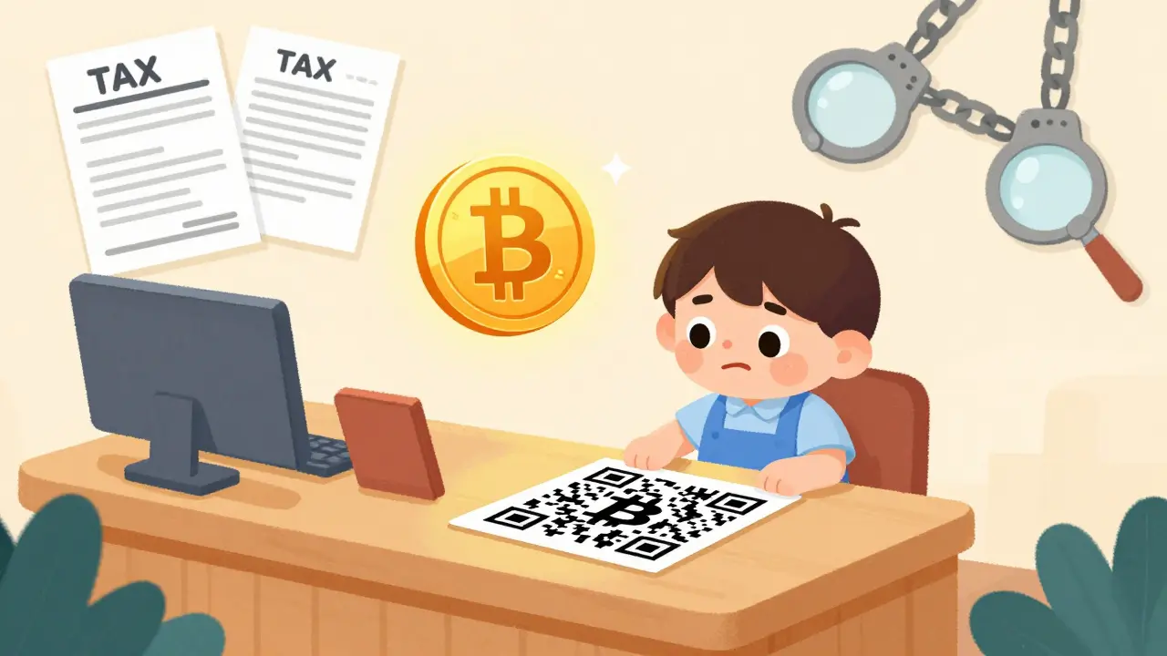 A shopkeeper hiding a Bitcoin QR code as a glowing digital rupee shines above the counter, surrounded by tax forms and chains.
