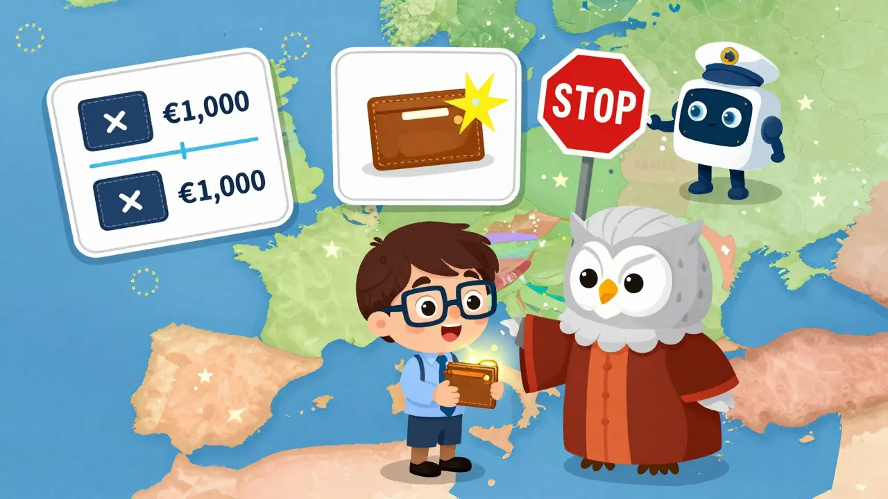 A trader and a wise owl watch a crypto transfer with visible identities, while a blocked wallet stops at a red sign.