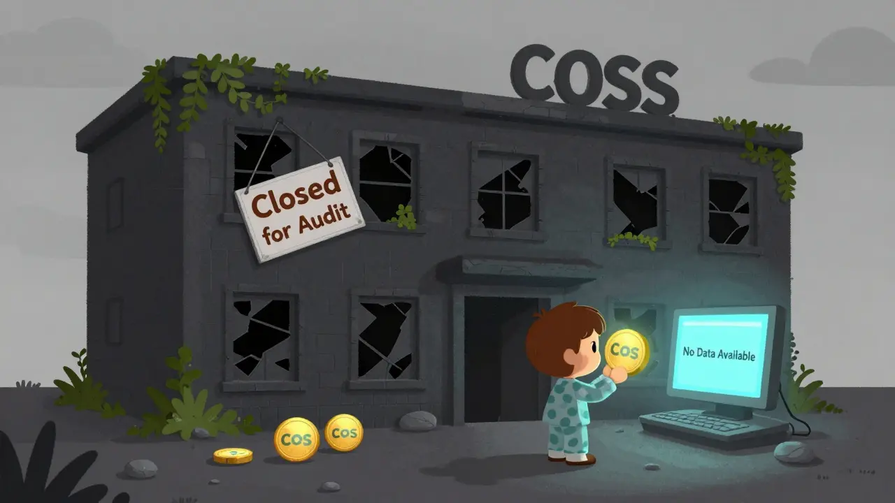 Abandoned COSS building with a child holding a dusty token under a gray sky, looking sad.