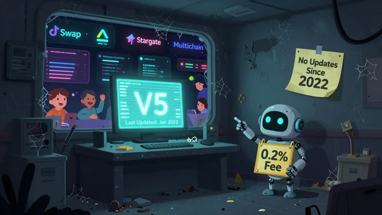 An abandoned iSwap control room with a faded 'V5' screen in 2026.