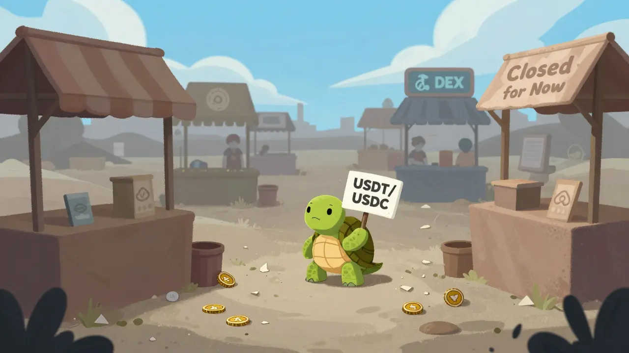 An empty, quiet corner of a blockchain with a lonely turtle and no trading activity.