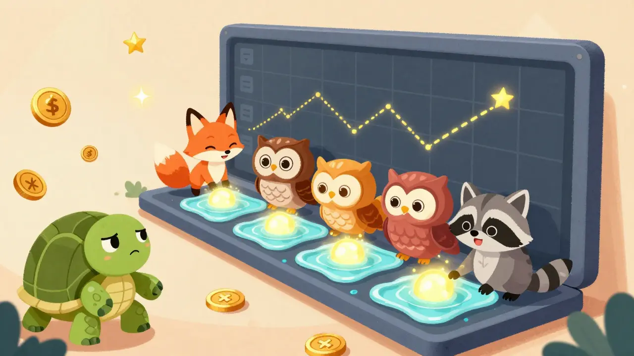 Animals placing liquidity in a narrow price range while a turtle watches outside, with fee coins and stars around them.