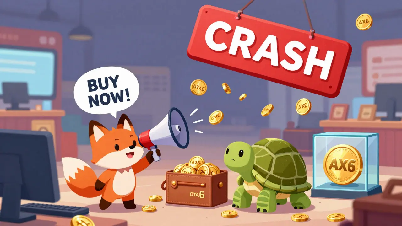 Cartoon animals trade worthless GTA6 coins as a crash sign falls, while a real game token glows safely.