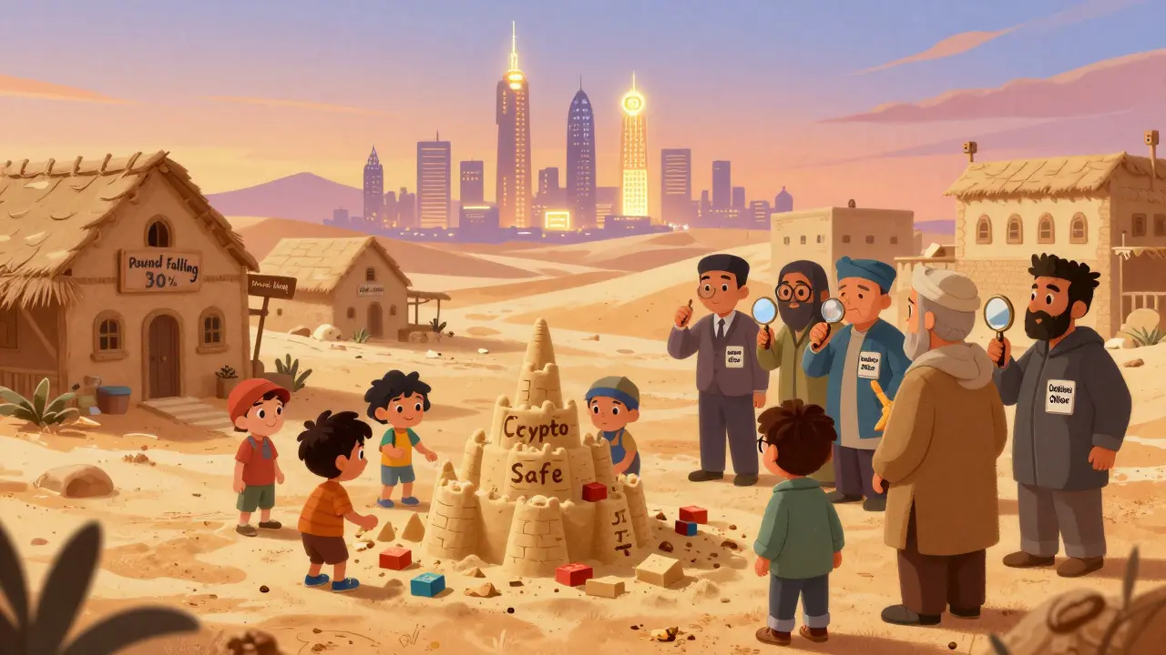 Children build a sandcastle of crypto coins while adults watch, under a fading Egyptian sun.