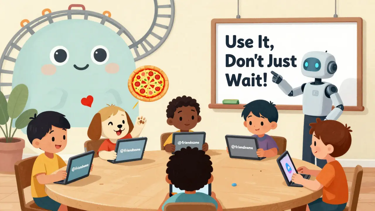 Children exchange fun NFTs like dancing dogs and pizza using SukuWallet on tablets, with blockchain as a rollercoaster.