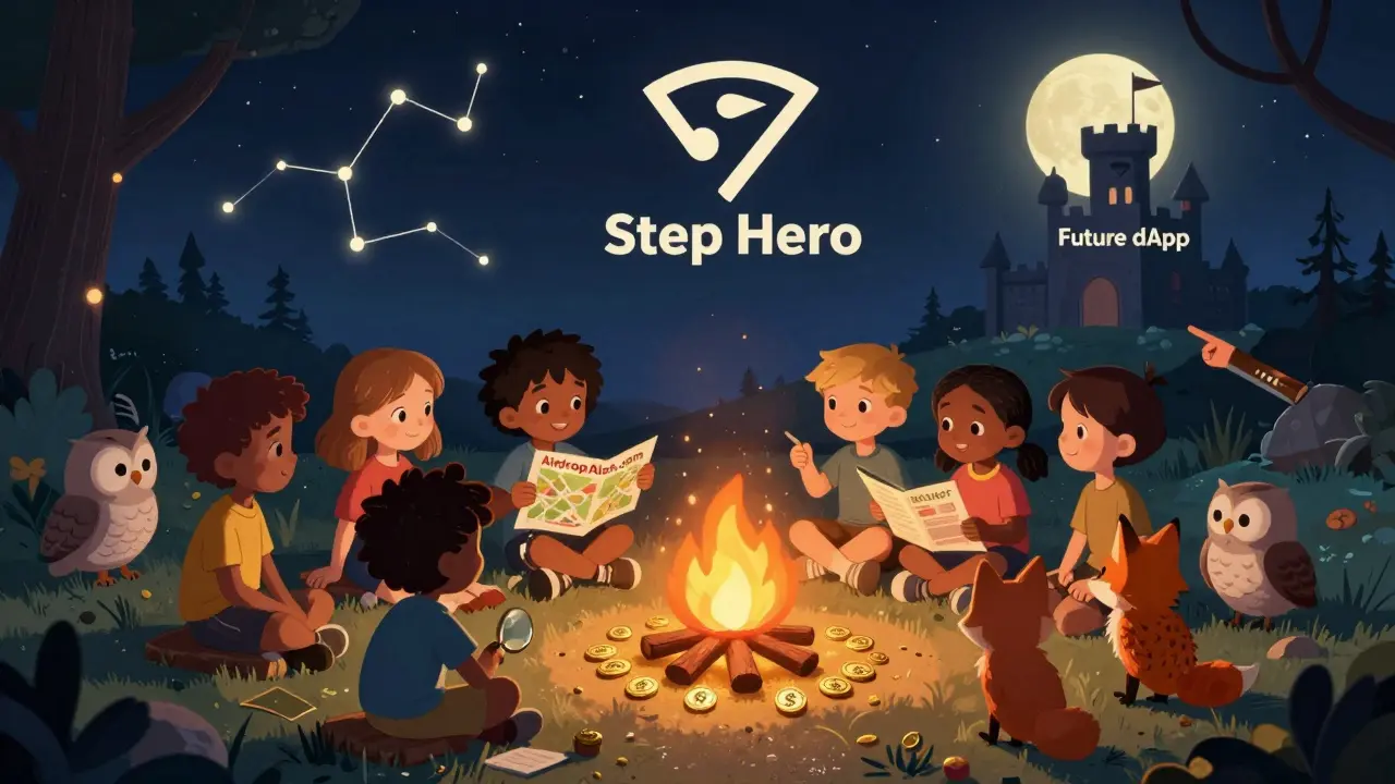 Children gathered around a campfire of $HERO tokens, learning about airdrops under a starry sky.