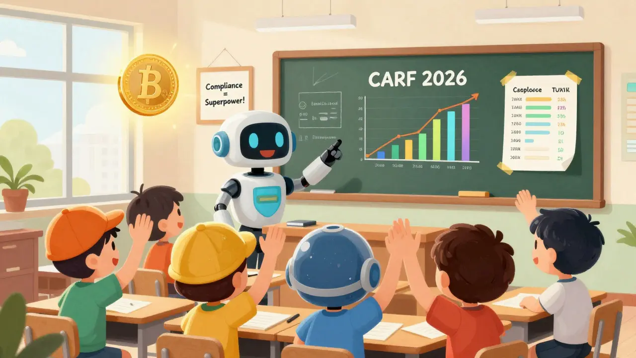 Children in crypto hats learn about tax reporting on a chalkboard labeled CARF 2026.