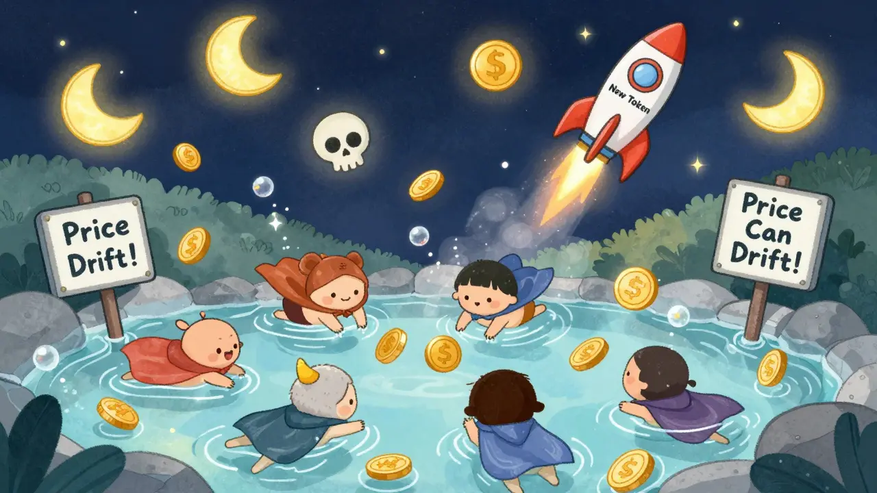 Creatures diving into a sparkling SUSHI hot spring for rewards, with a warning sign and a rocket labeled 'New Token' in the sky.