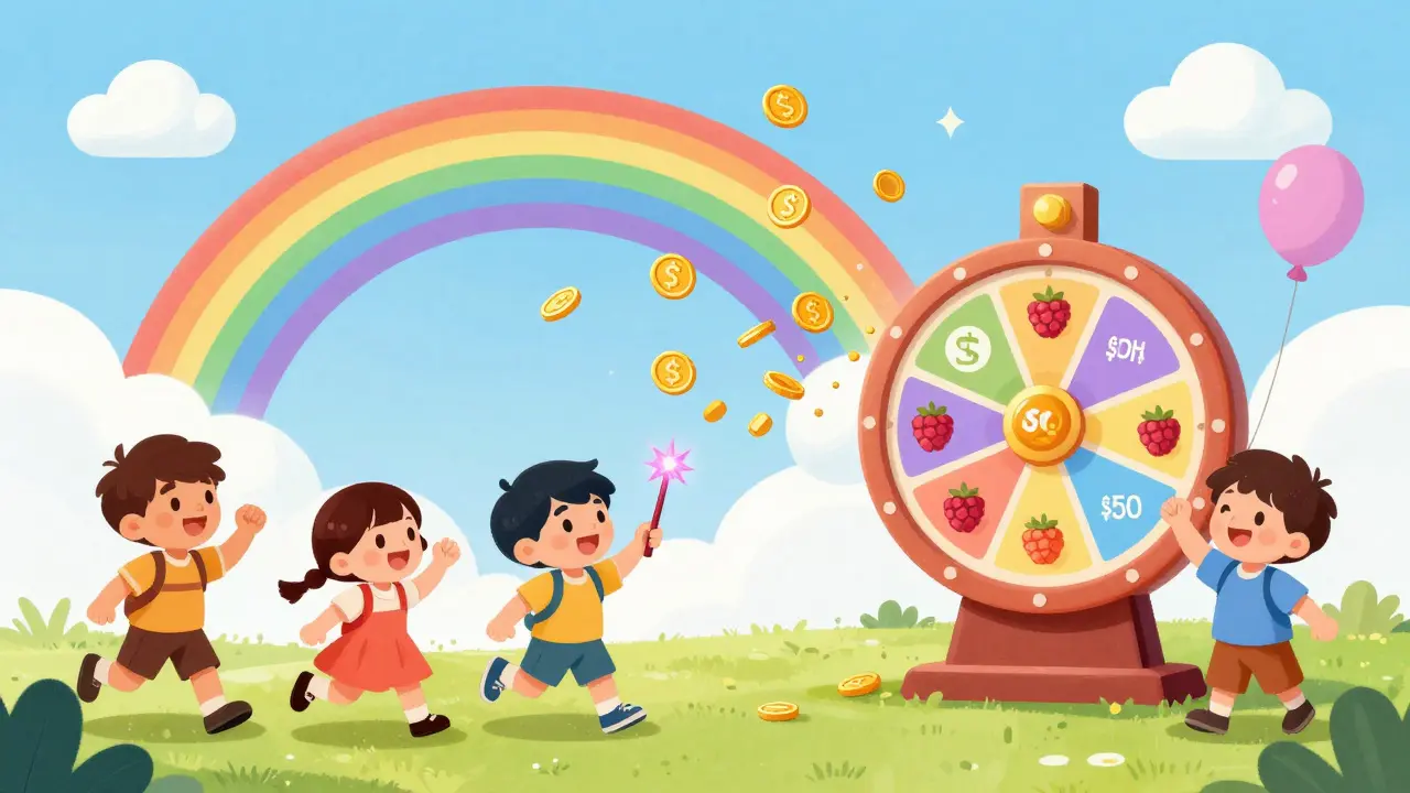 Kids using a rainbow slingshot to launch ETH coins into a spinning staking wheel, with Raspberry Pi as a magic wand.