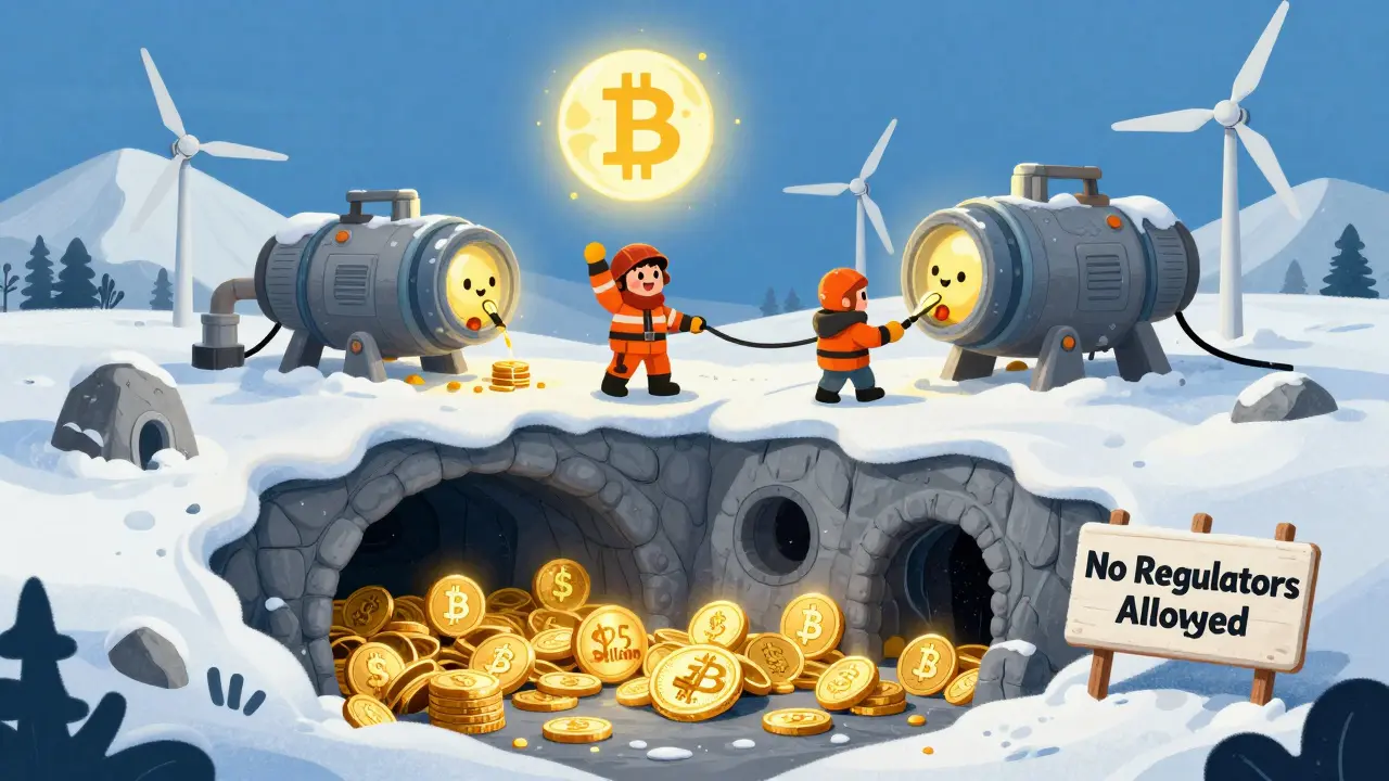 Miners in Siberia operate friendly Bitcoin machines powered by wind turbines, while a hidden cave of crypto coins glows under a 'No Regulators Allowed' sign.