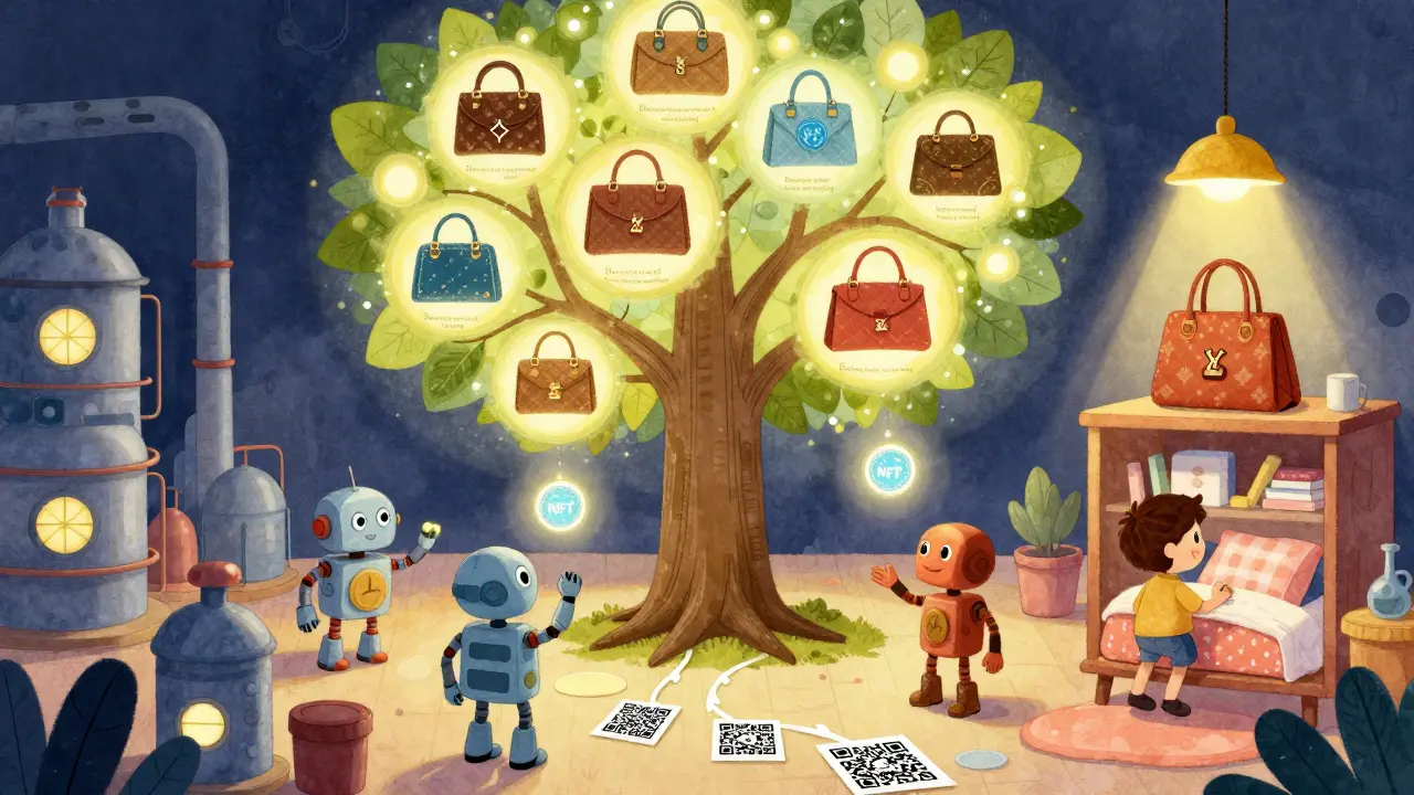 Robots stamp handbags with glowing NFT seals that rise into a tree made of blockchain branches filled with product history leaves.