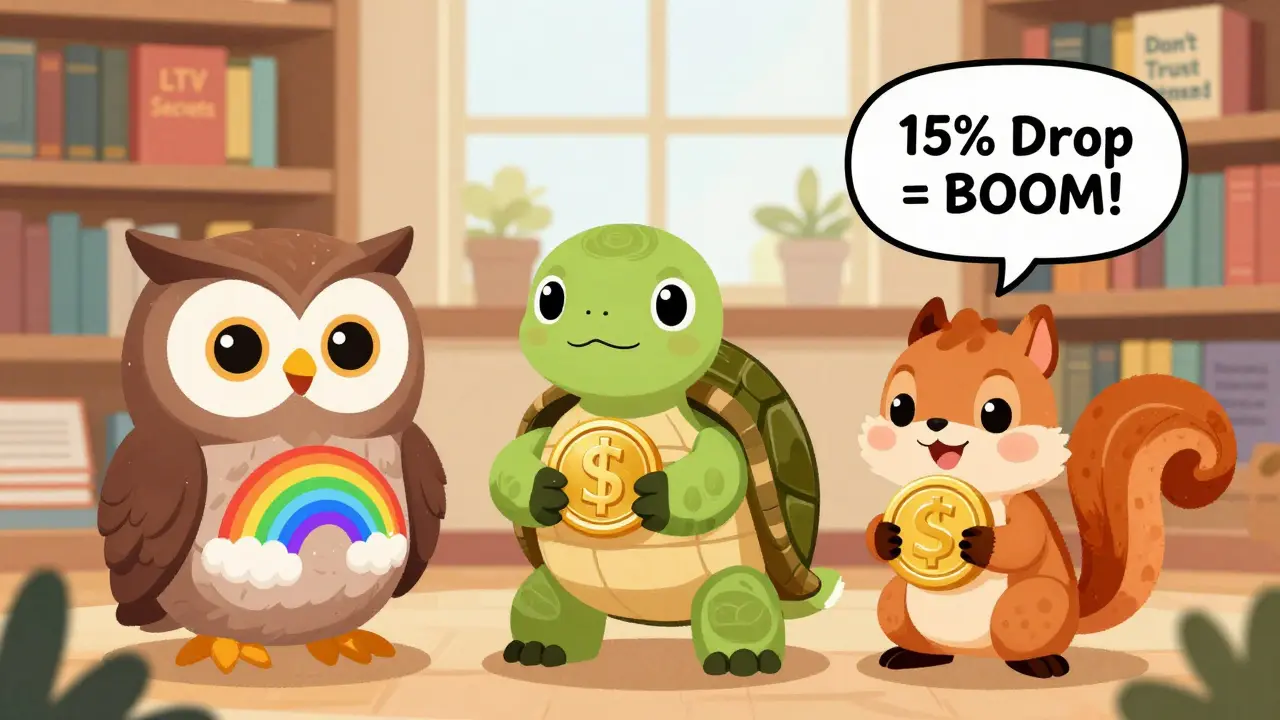 Three animal friends in a library holding different crypto collaterals, with warning signs and book titles.