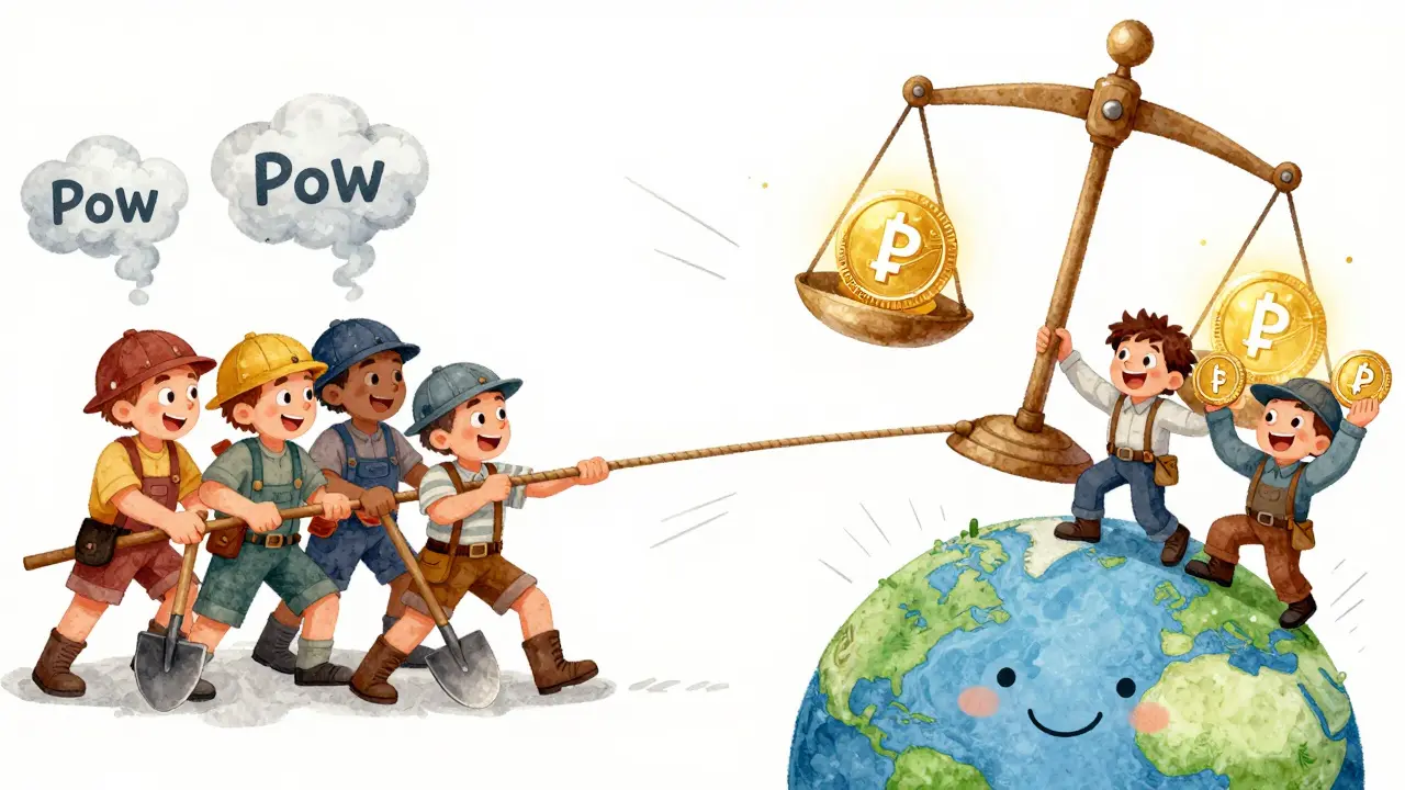 Tug-of-war between coal-mining characters and smiling stakers, with a green Earth smiling as staking wins.