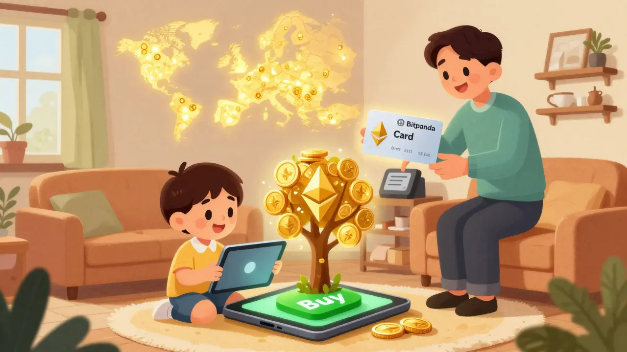 A child buying crypto that turns into a golden tree, while using a Bitpanda Card to pay for coffee.