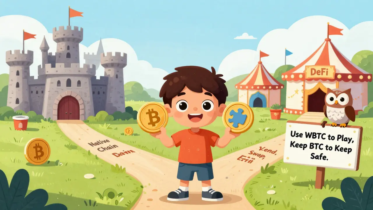 A child choosing between a secure castle and a DeFi carnival, holding native and wrapped coins.