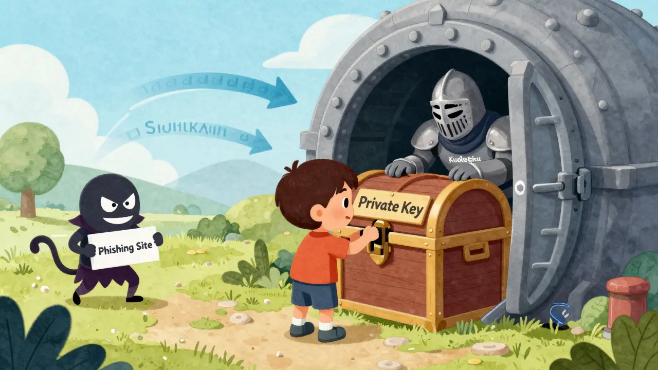 A child locking their private key in a vault guarded by an audit knight, while a phishing villain tries to sneak in.