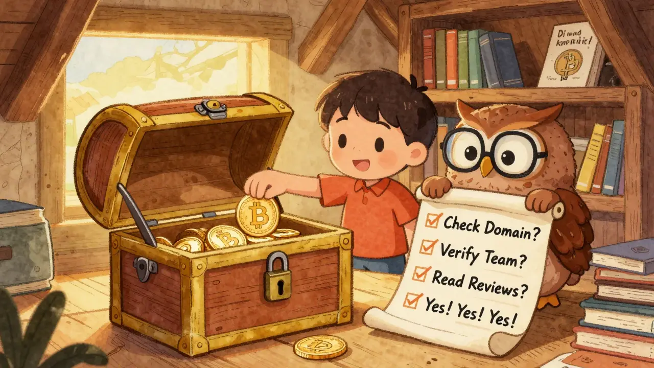 A child places a Bitcoin into a hardware wallet chest as an owl guides them with a safety checklist.