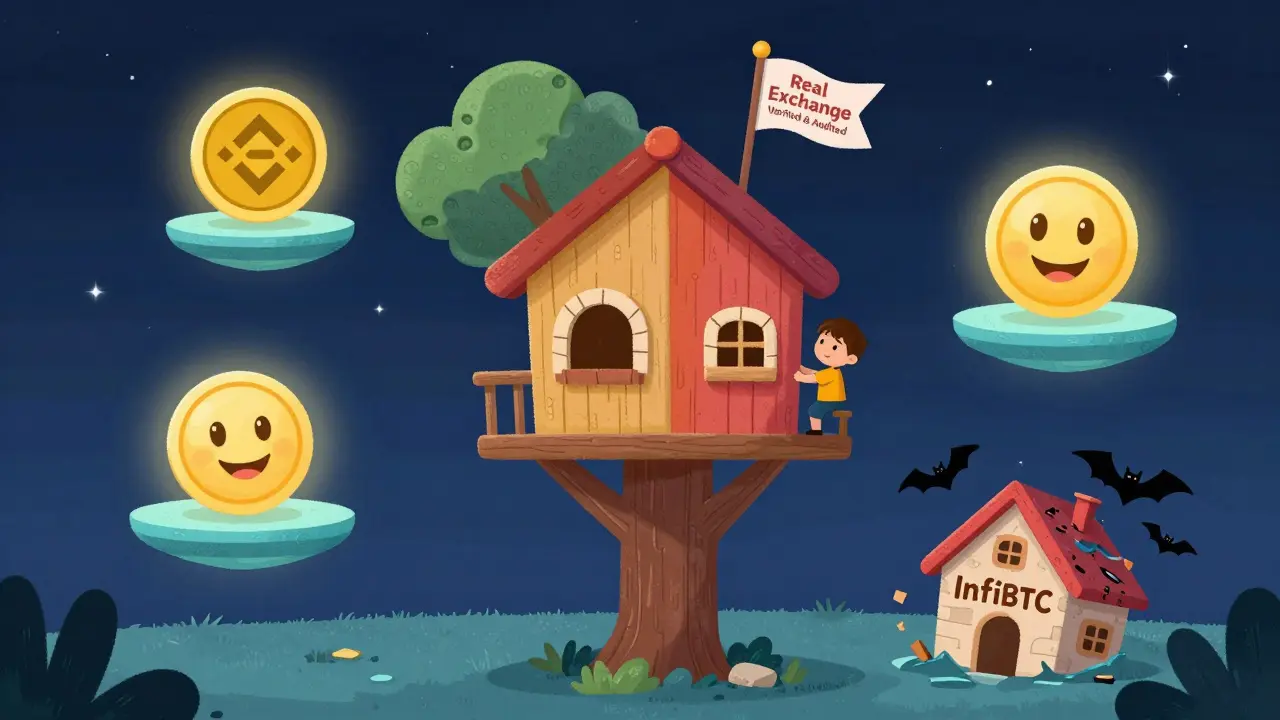 A child safely plays in a verified exchange treehouse while a crumbling InfiBTC house sinks below.