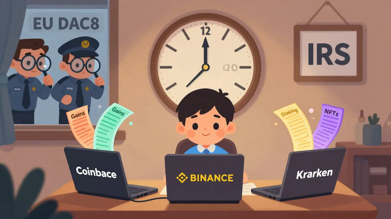 A child with three crypto exchange laptops spewing transaction receipts, a clock ticking to 2026.