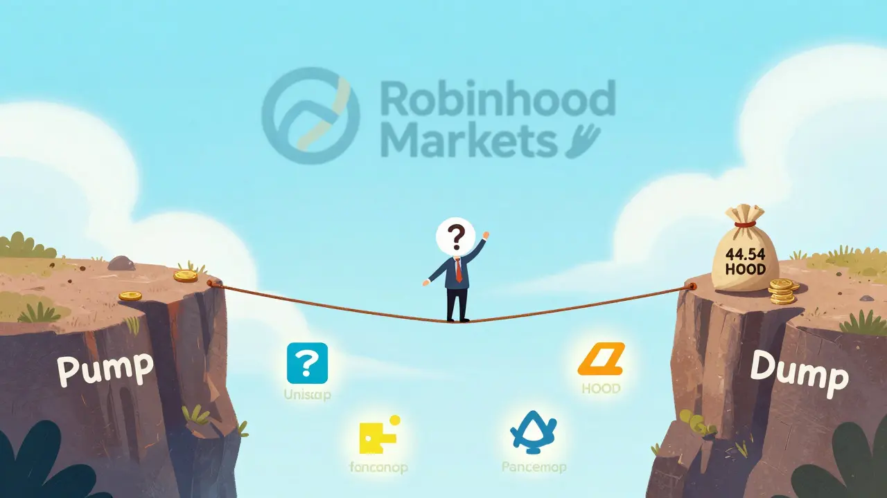 A confused investor balances HOOD coins on a tightrope between 'Pump' and 'Dump' cliffs.