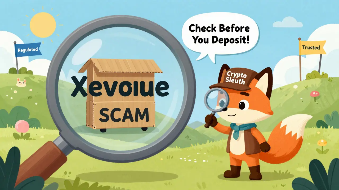 A detective fox revealing Xevenue as a cardboard scam cutout, with trusted exchanges shining on a hill.