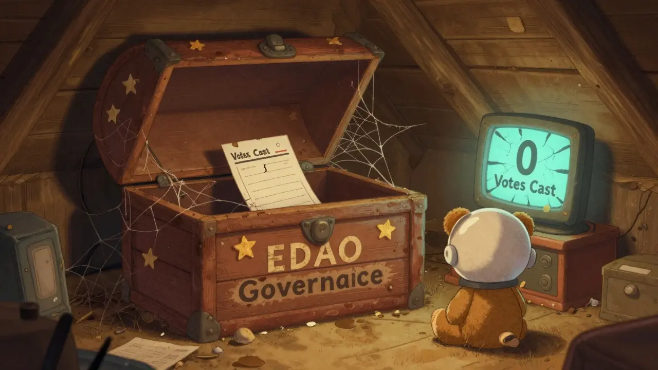 A dusty toy chest with a single voting ballot inside, surrounded by cobwebs and a sleepy teddy bear.