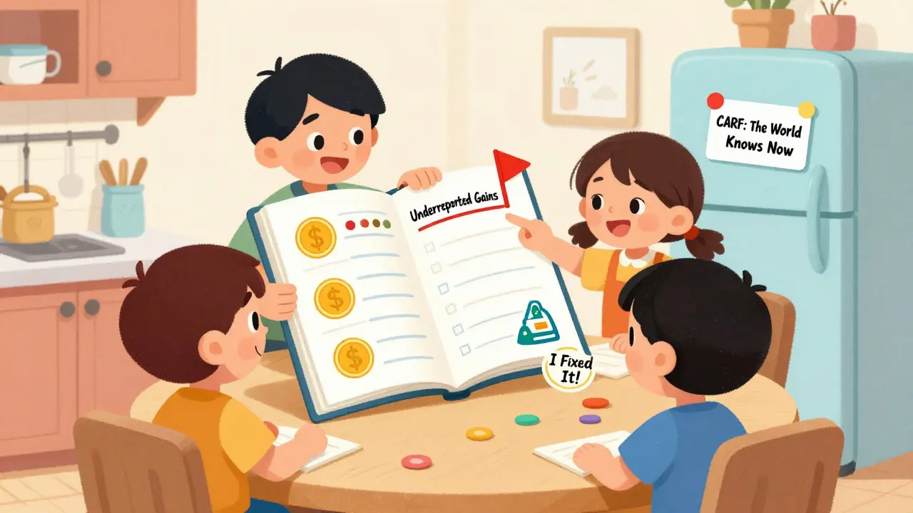 A family reviewing a crypto ledger at the kitchen table, with a red flag and a fix-it sticker.