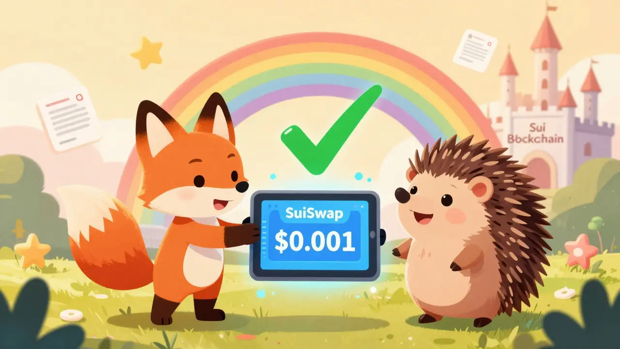 A fox and hedgehog swapping tokens on a magical tablet with a rainbow bridge to a blockchain castle.