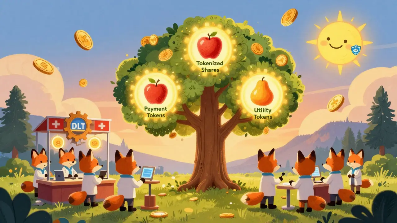 A glowing blockchain tree with labeled fruit tokens, tended by foxes in lab coats at a tiny DLT trading venue in Zug.
