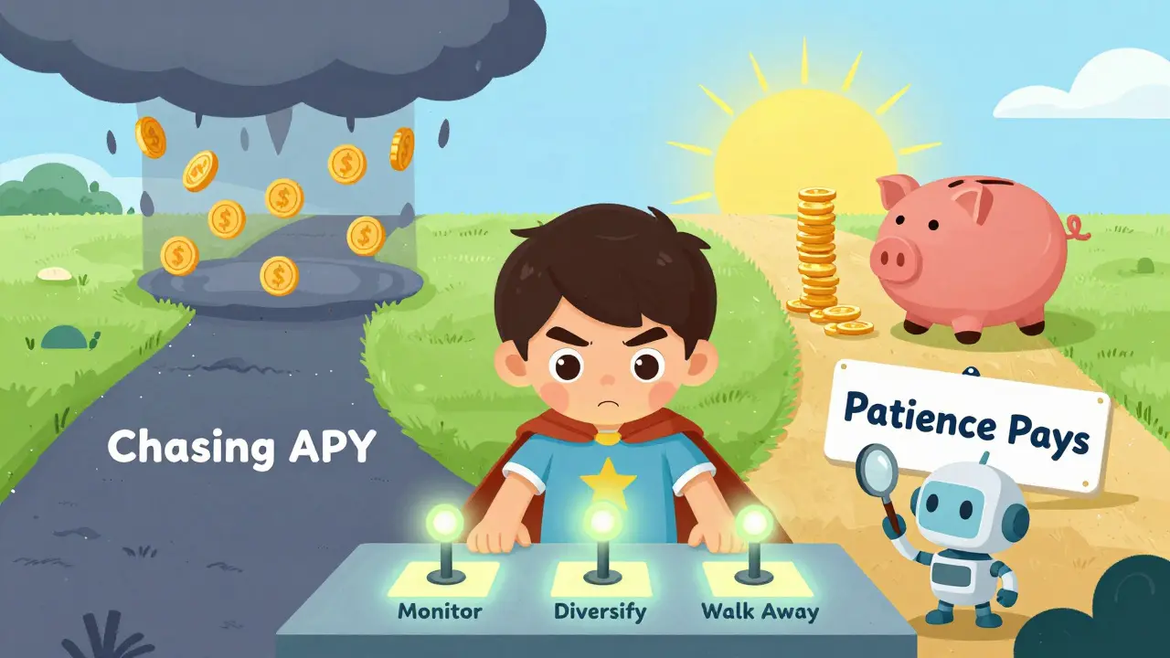 A hero chooses between risky and safe paths in DeFi, guided by a robot with signs for patience and monitoring.