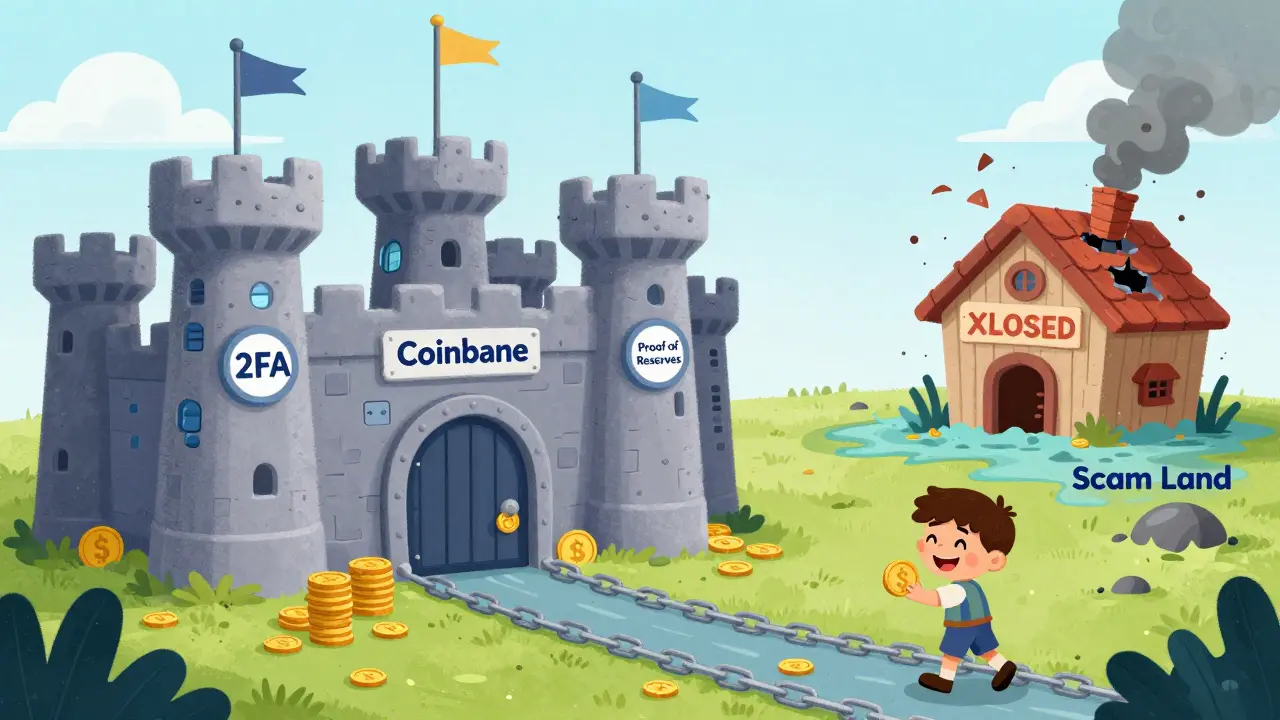 A safe crypto castle with guards and cold storage towers, while a scam shack crumbles in the distance.