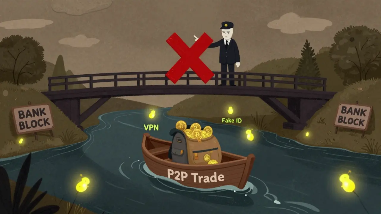 A small boat carrying Bitcoin coins floats past giant 'BANK BLOCK' signs while a regulator points a red X from above.