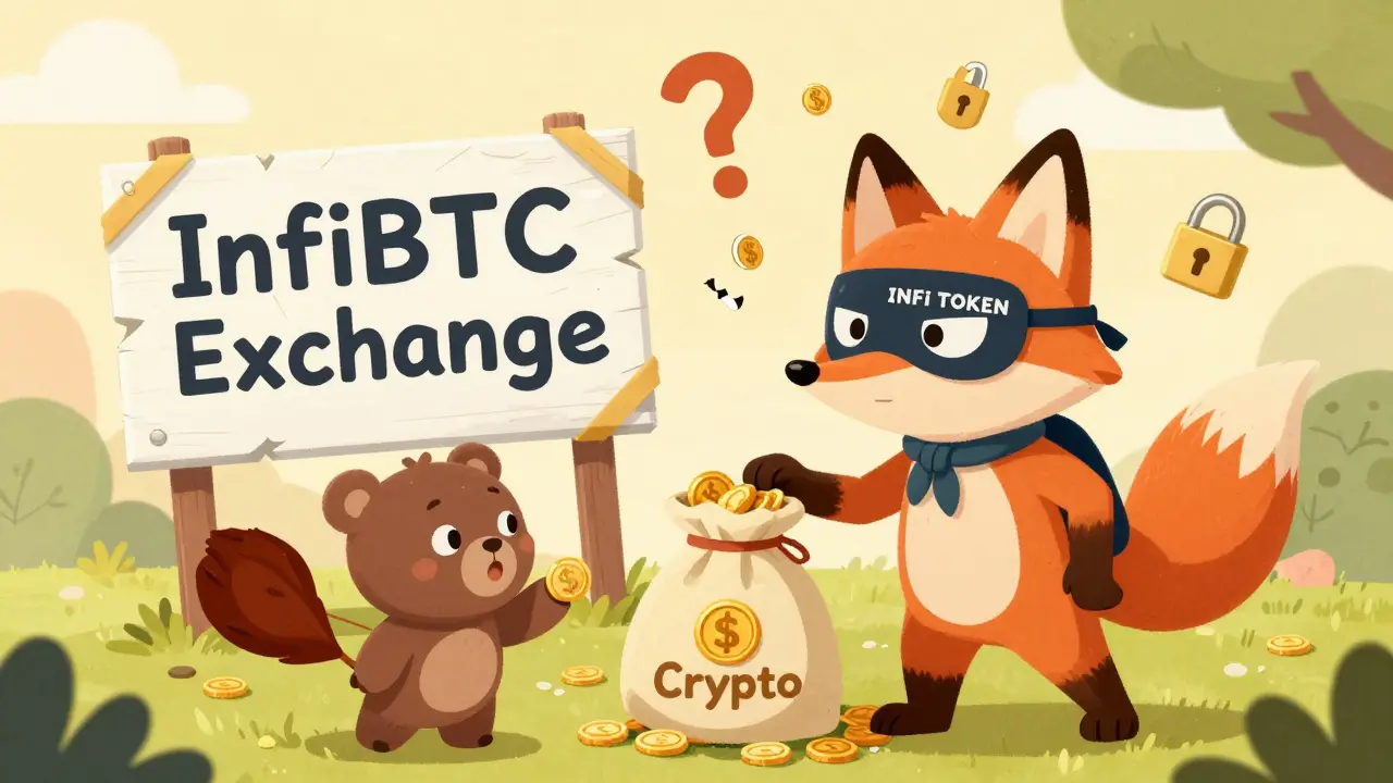 A sneaky fox tricks a bear into giving away crypto coins, with a broken 'InfiBTC' sign behind them.