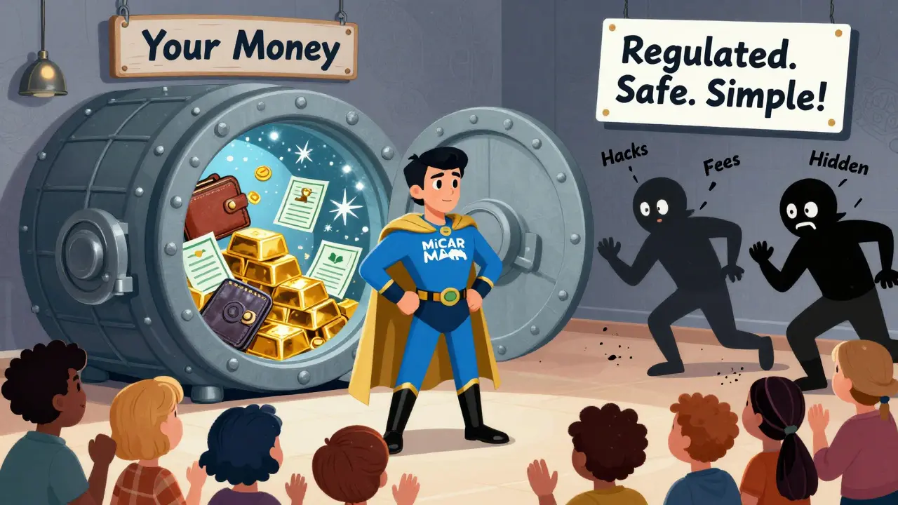 A superhero guarding a vault of secure assets while hidden dangers shrink away in fear.