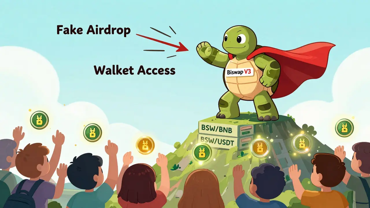 A superhero turtle defends against fake airdrop arrows while NFTs earn BSW tokens.