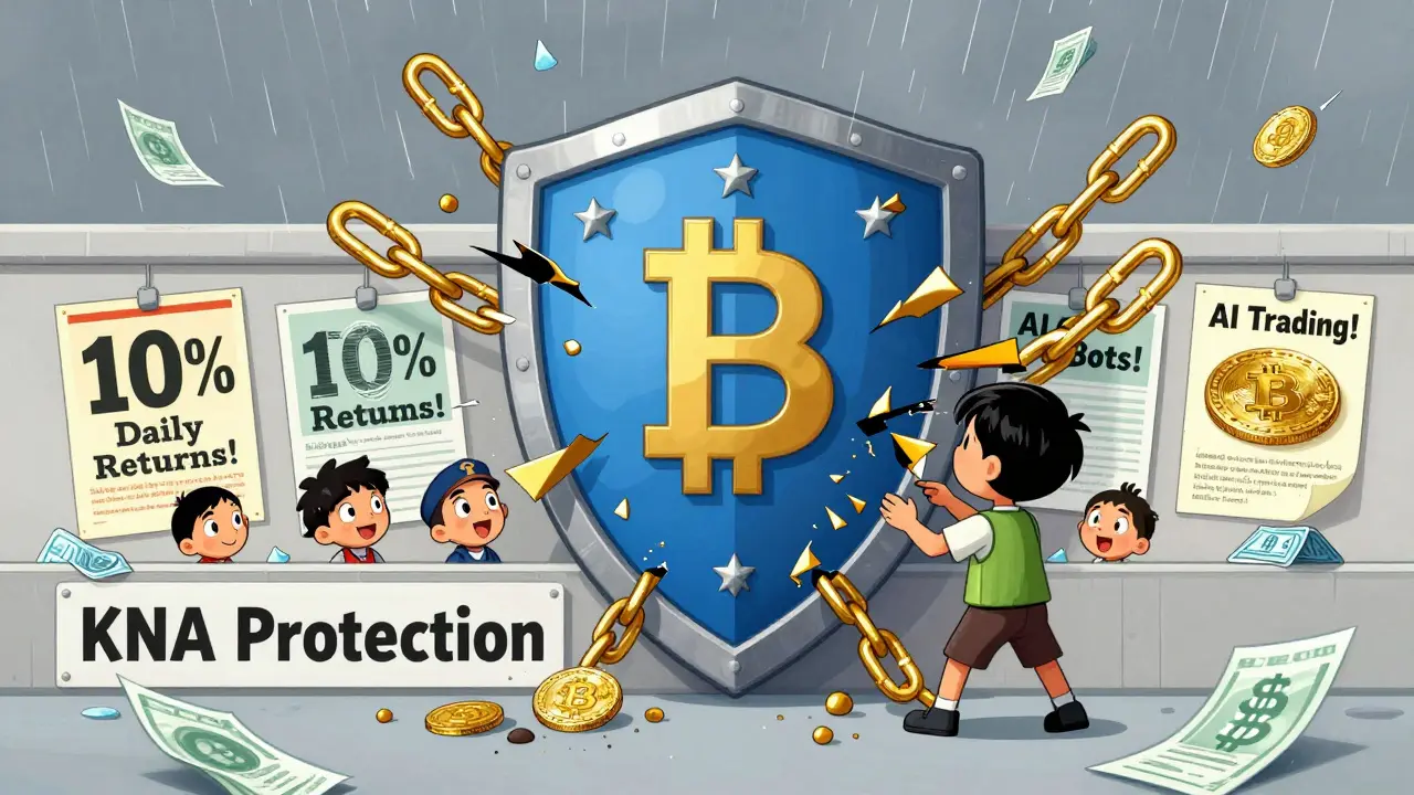 A U.S. Treasury shield breaking fake crypto scams, with shrinking criminals behind a KNA wall.